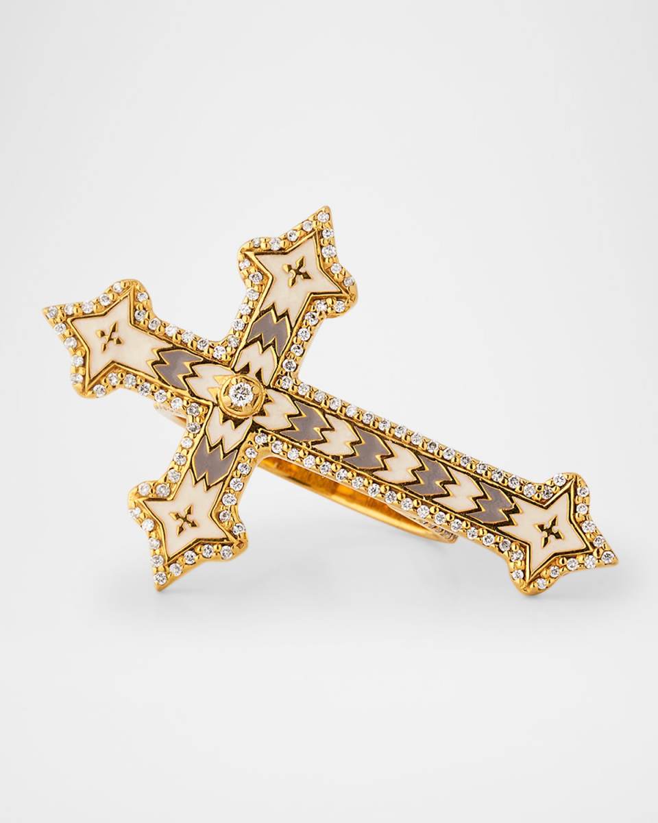 20K White and Grey Enamel Cross Double Finger Ring